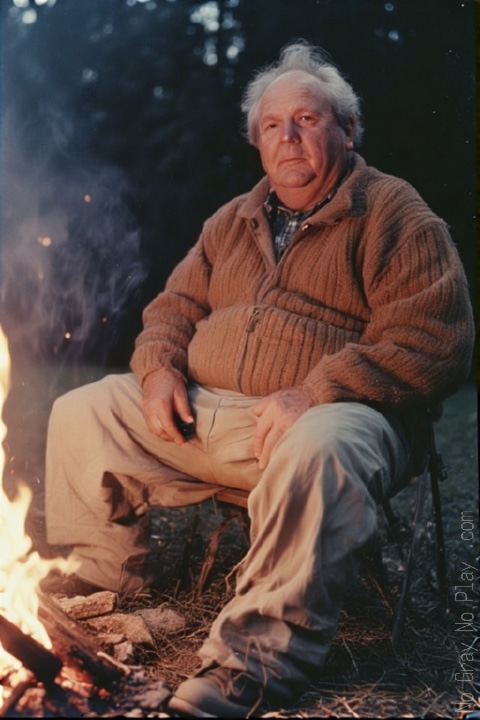 Old naked man by the fire, naked grandpa
