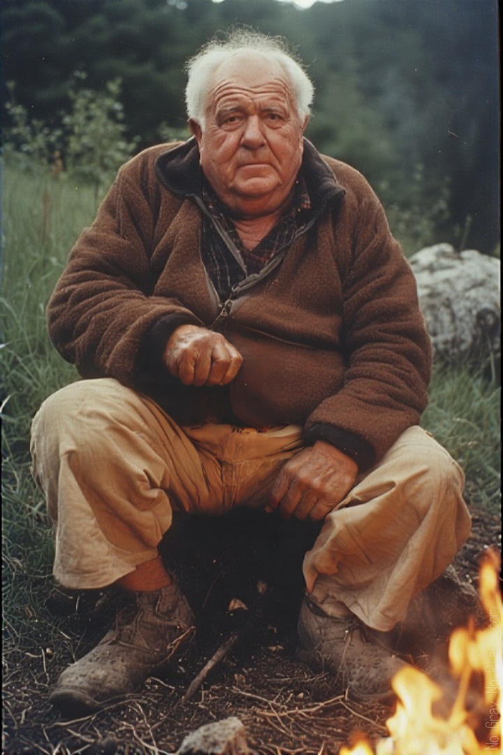 Old naked man by the campfire, naked grandpa