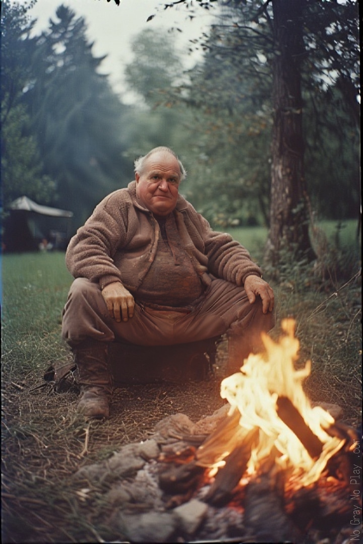 Old naked man sitting next to a campfire