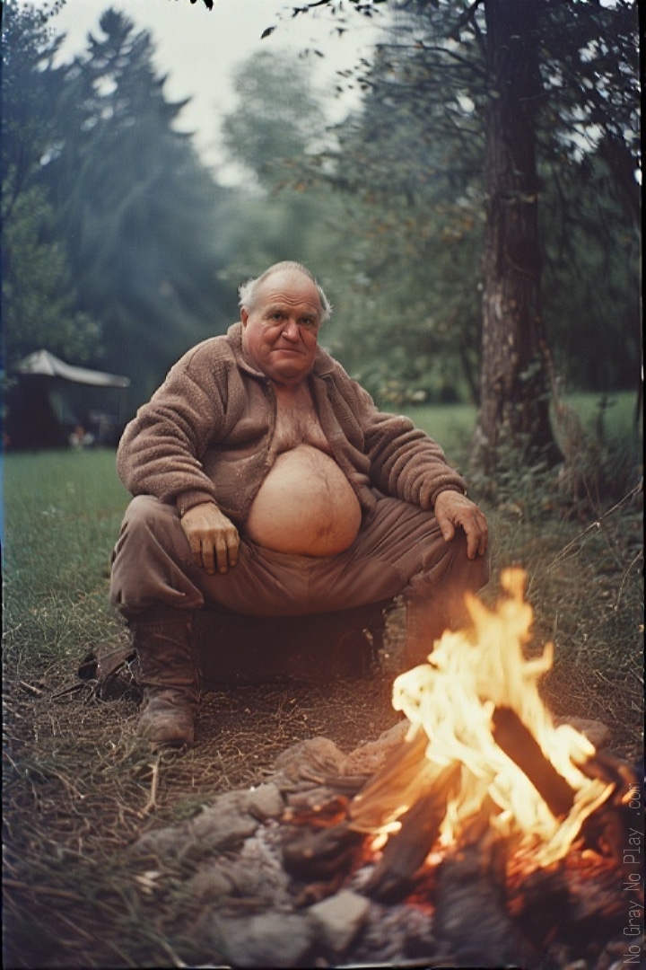 Old naked man sitting next to a campfire