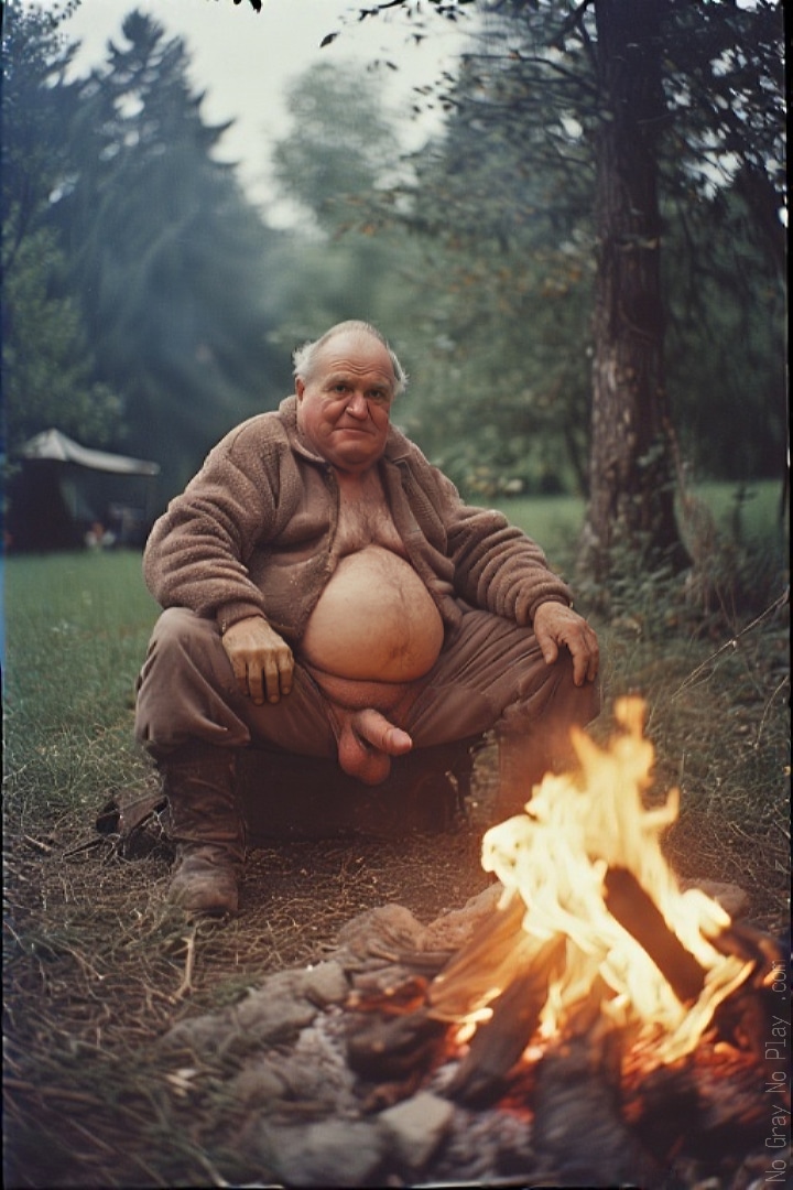 Old naked man sitting next to a campfire