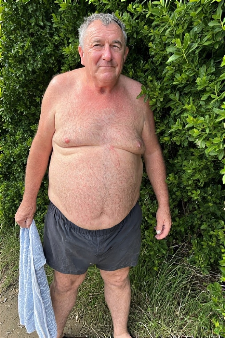 Naked old man at the beach, nude grandpa