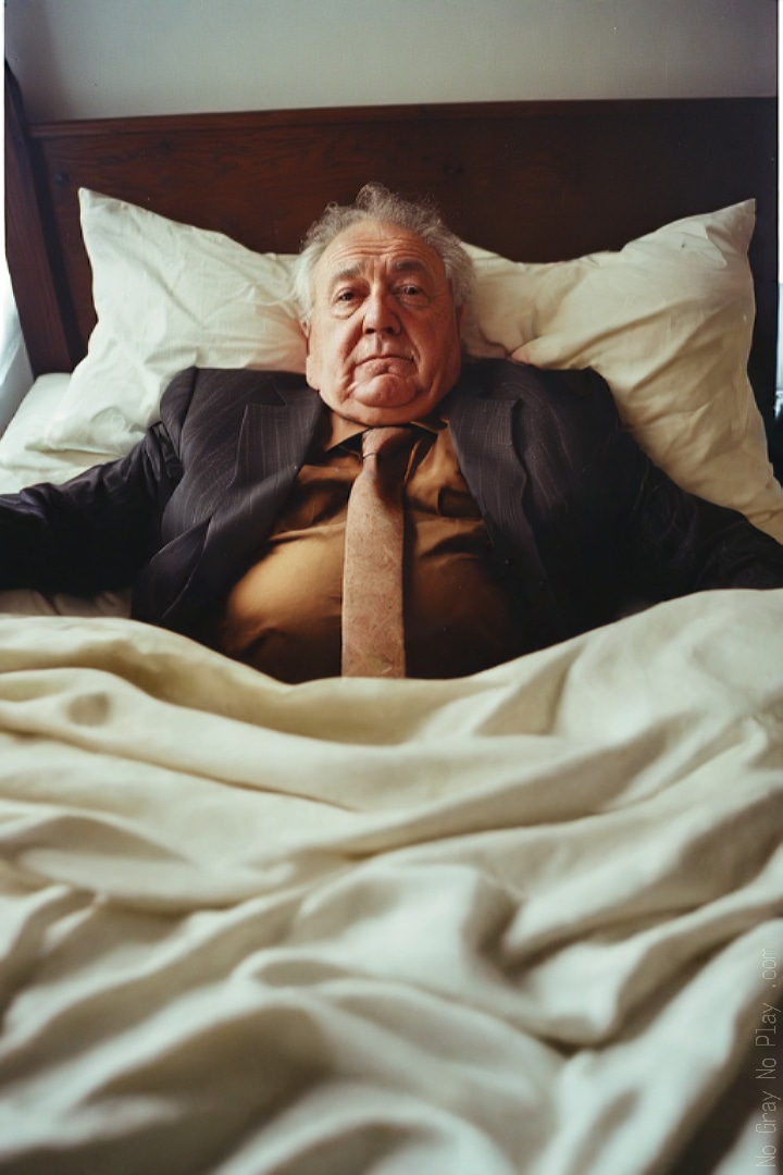 Old man in suit, naked in bed, nude grandpa